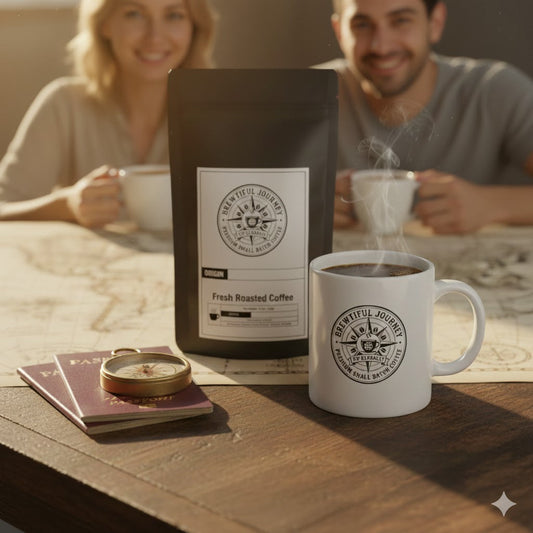 Brewtiful Journey Coffee mug and coffee bag on a wooden table in warm morning sunlight with subtle travel elements including a passport, compass, and faded world map.